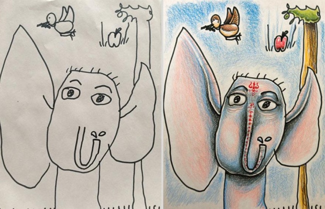 Папа раскрасил рисунки детей