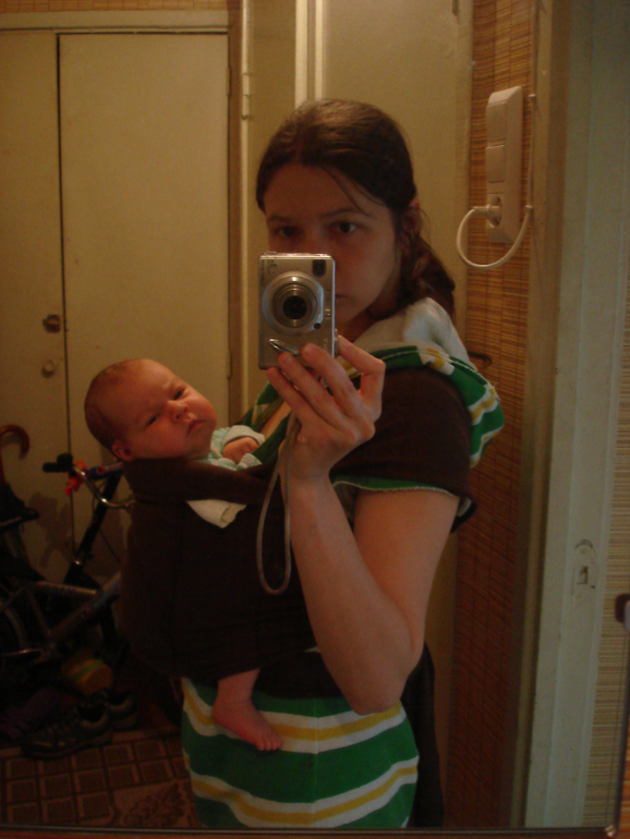 Трикотажный слинг, ребёнок 1,5 мес, КПК, второй опыт