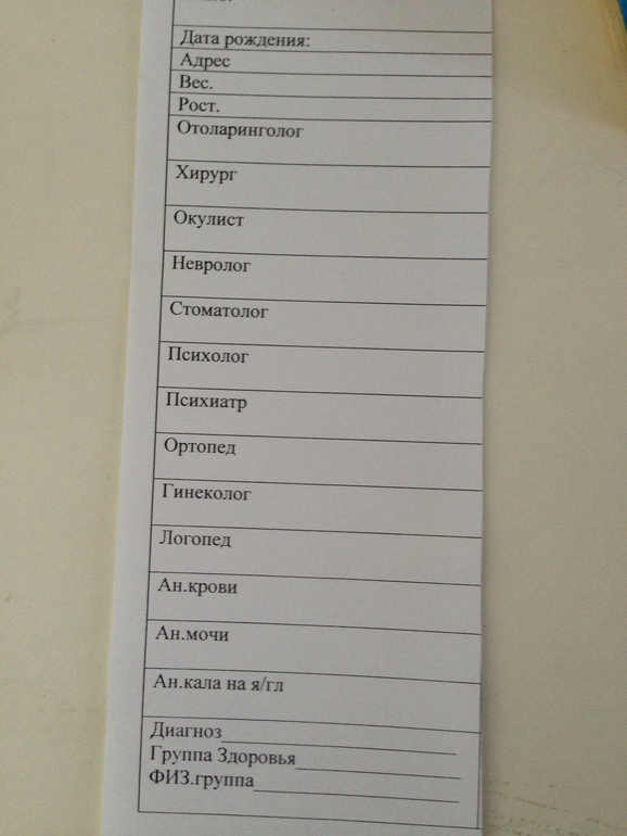 Список врачей при поступлении в 1 класс