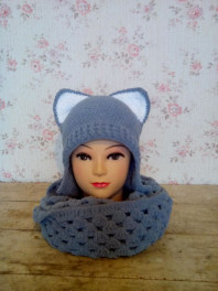 вязаный комплект, шапка-кошка,шарф,варежки