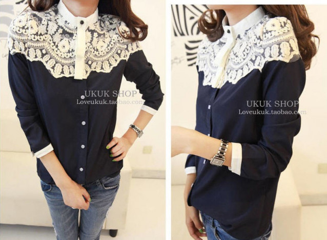 Рубашка темно-синяя с белым кружевом