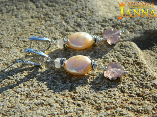 Серебряные серьги с жемчугом, розовым кварцем