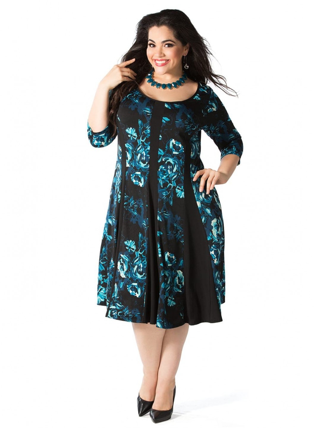Madelyn Plus Size Dress in Teal Blue Rose Print