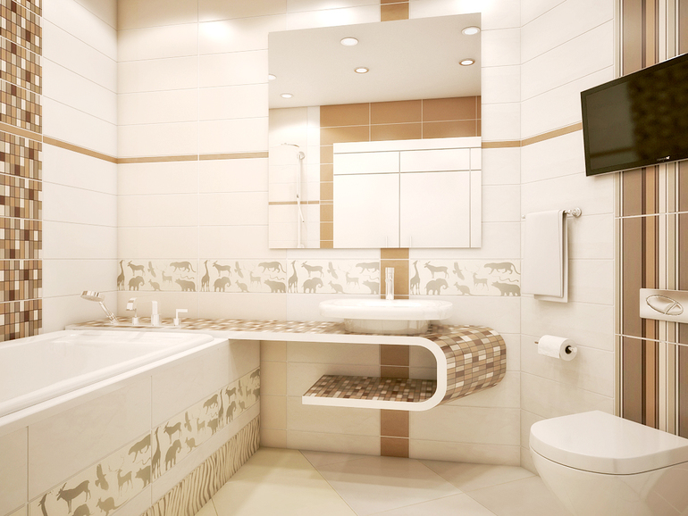 Санузел с телевизором - новый вариант плитки