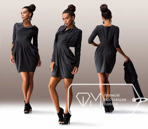 Костюм 4583 Размеры: S, M, L, XL. Цвета: серый, черный. Материал: уплотненный французский трикотаж. Длина: платье 87 см, болеро 30 см, рукав 48/60 см. RUR 1190р.  http://fashion-opt.com/katalog/platyasarafanytuniki/kostyum-4583.html #