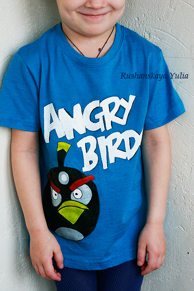 Роспись по ткани. Футболка Angry Birds.