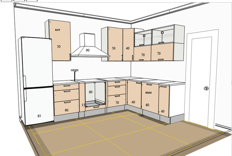 Смоделировать кухню по размерам